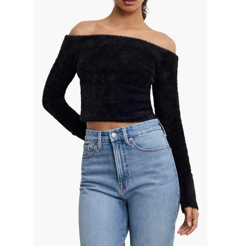 NEW Good American Off Shoulder Plush Knit Cropped Sweater‎ Black Medium